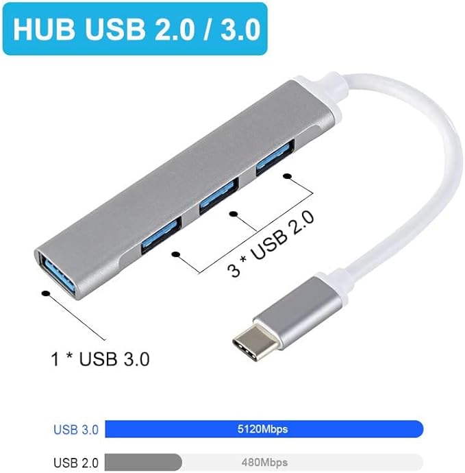 4 Ports USB Adapter Type-C to USB 3.0 Dongle Splitter Ultra Slim Space Silver