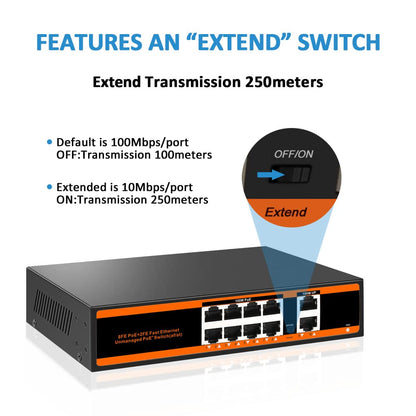 8-port 100Mbps PoE Switch with 2 UpLink ports 150W 802.3af/at Unmanaged