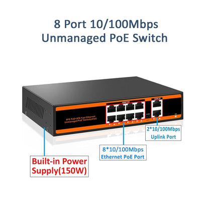 8-port 100Mbps PoE Switch with 2 UpLink ports 150W 802.3af/at Unmanaged