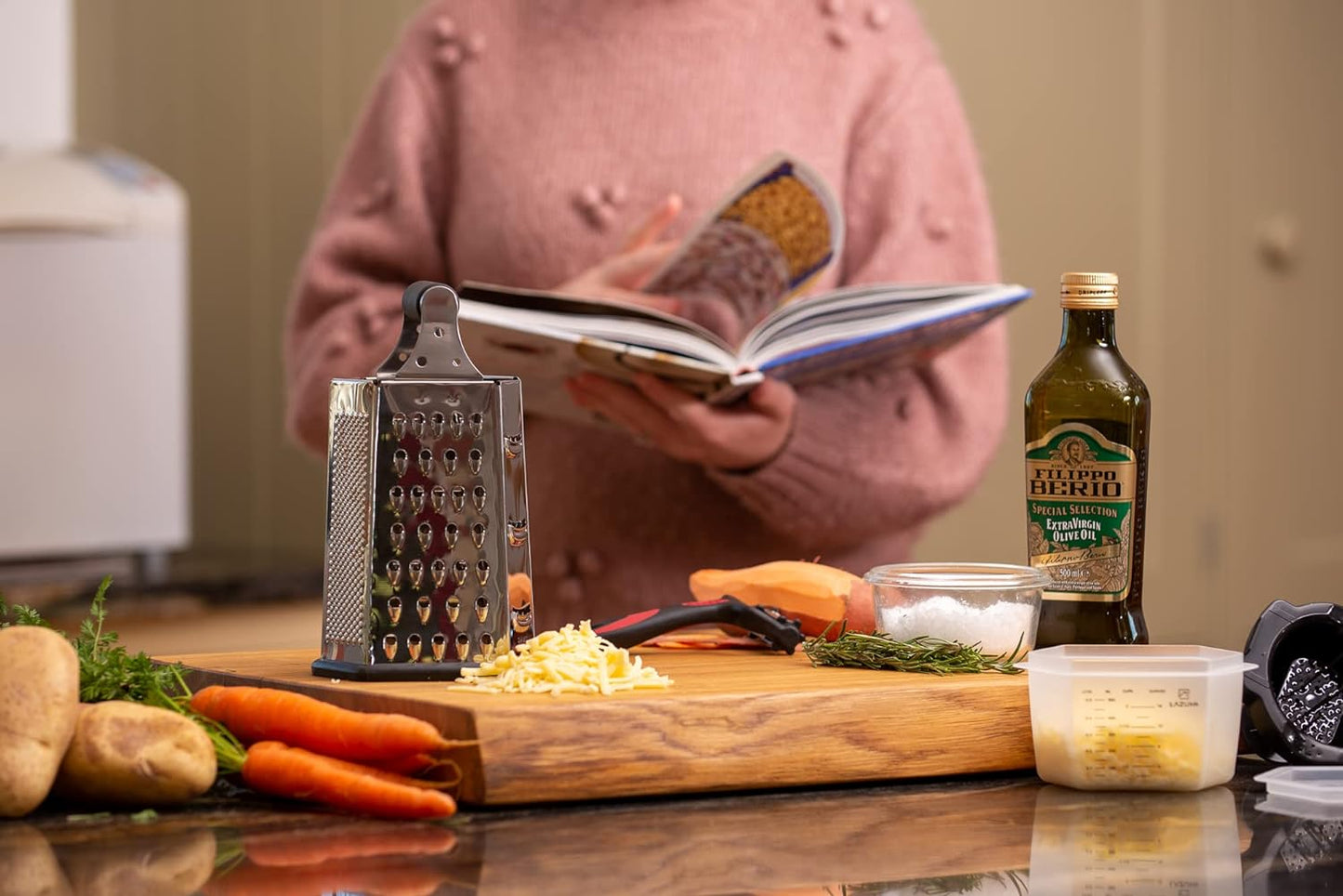 7 In 1 Stainless Steel Cheese Grater with Container Finger Guard. Herb Stripper