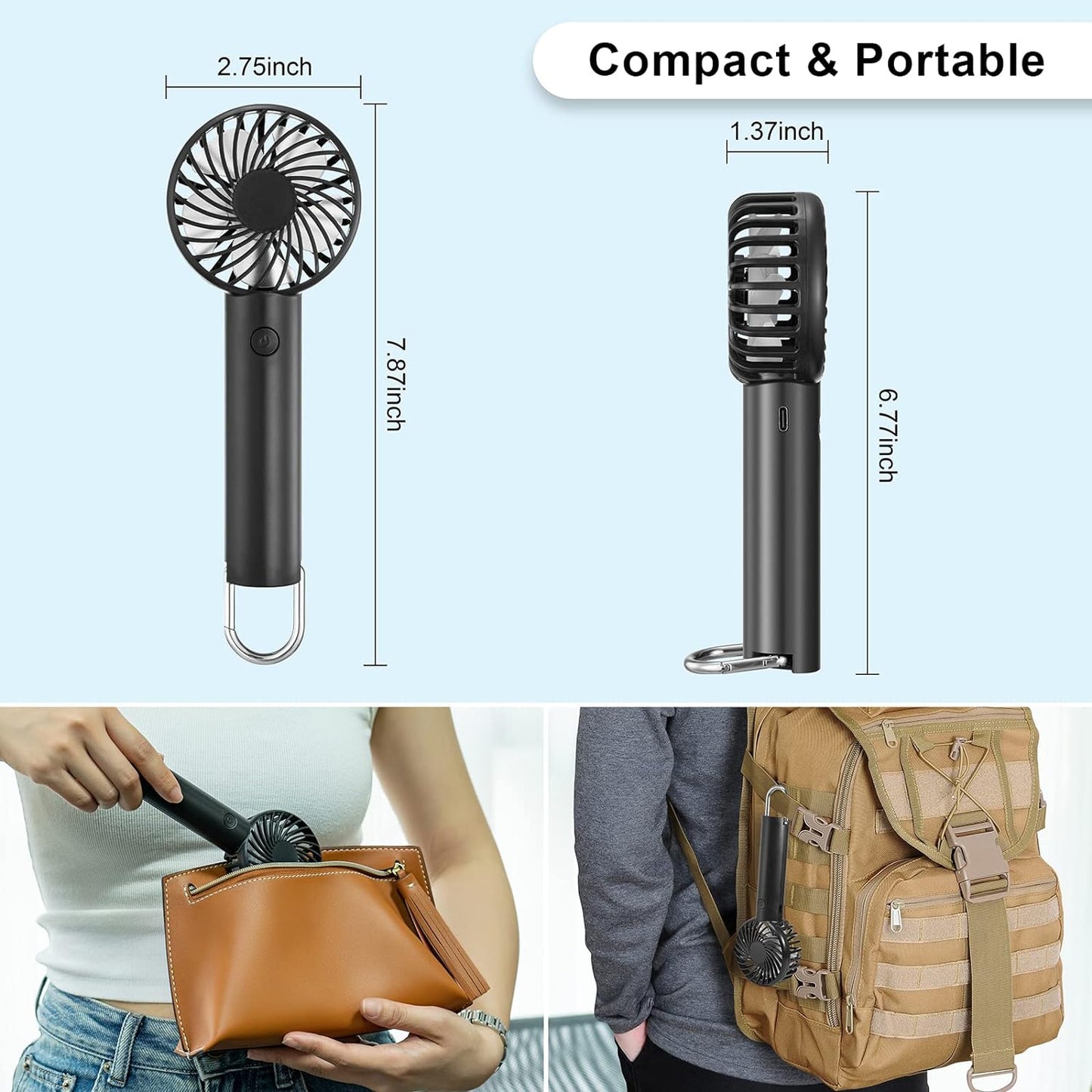 Handheld Fan Portable & Rechargeable 2200 mAh Battery Mini Fan 3 Speeds - Black