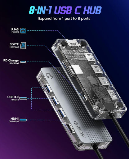 USB C Docking Station 8 in 1 Type C Transparent Dock 3 USB 4K HDMI RJ45 TF & SD