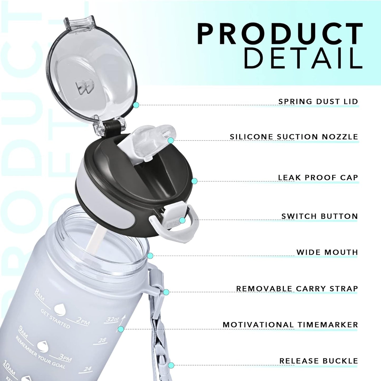 1 L Sports Water Bottle with Time Marking BPA Free Leak-Proof inc Cleaning Tool