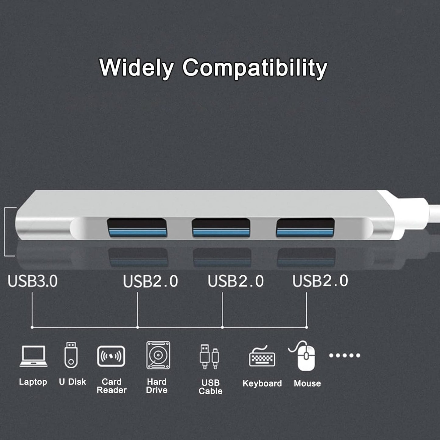 4 Ports USB Adapter Type-C to USB 3.0 Dongle Splitter Ultra Slim Space Silver