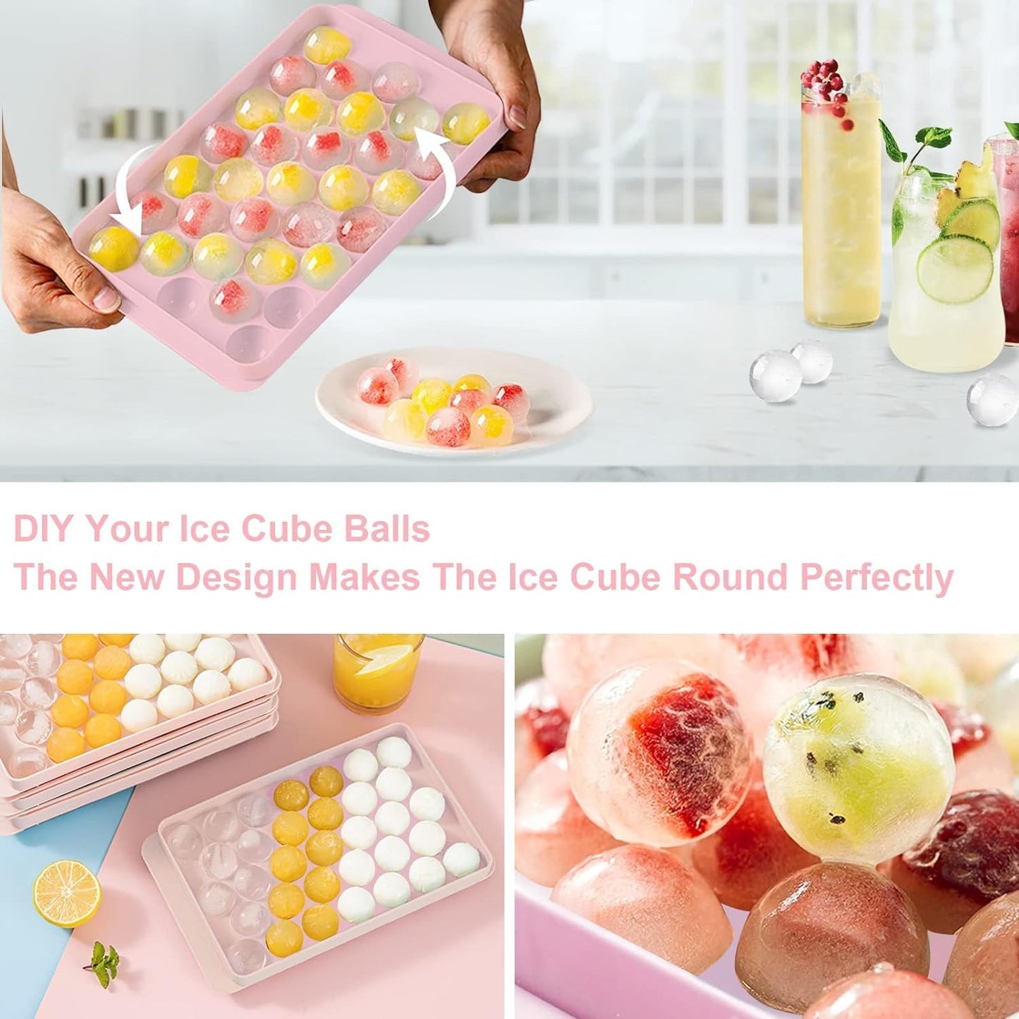 Ice Cube Tray With Container Scoop & Cocktail Book BPA Free Makes 66 Ice Balls