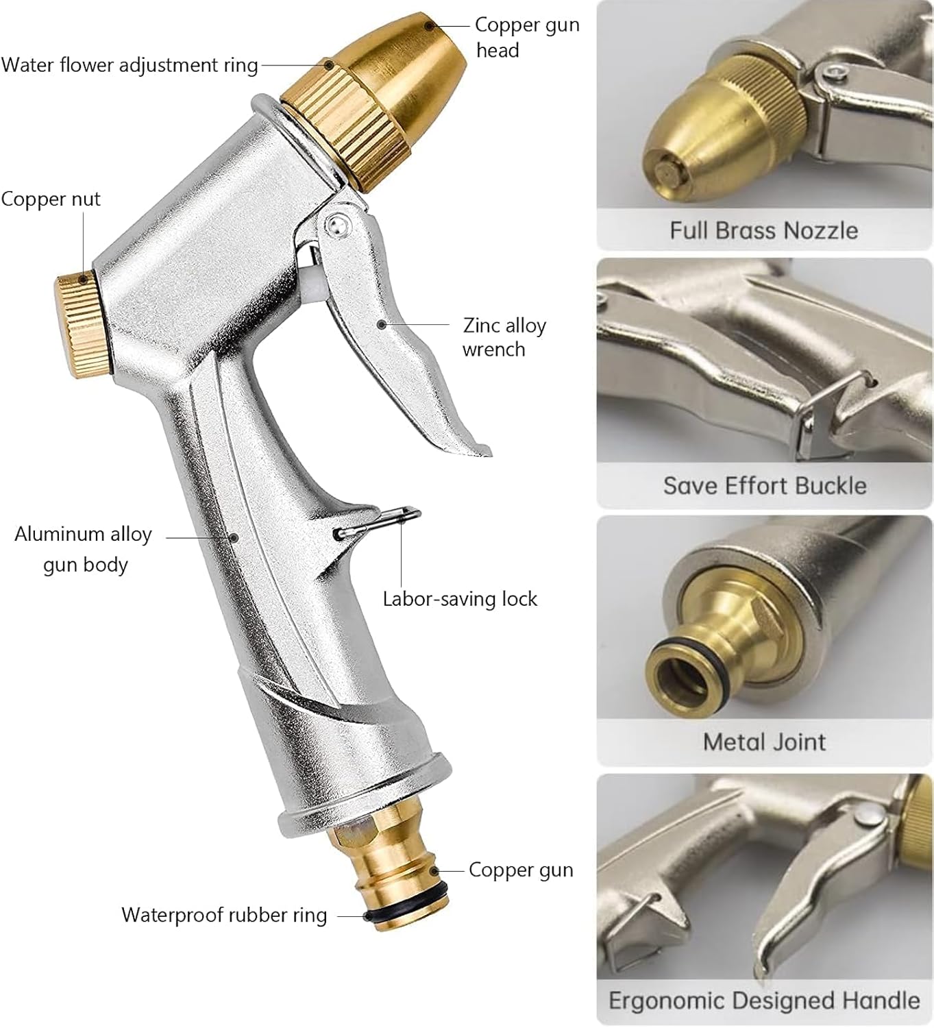 Garden Hose Spray Gun 100% Metal Spray Gun with Brass Nozzle 4 Spray Patterns