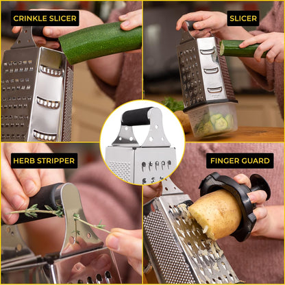 7 In 1 Stainless Steel Cheese Grater with Container Finger Guard. Herb Stripper