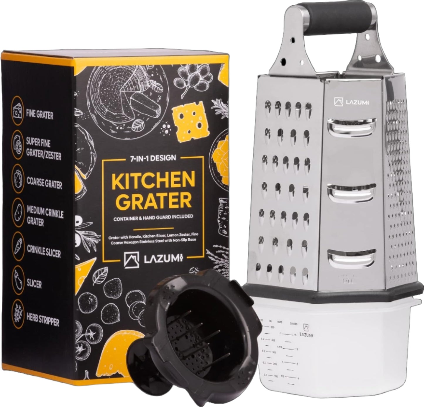 7 In 1 Stainless Steel Cheese Grater with Container Finger Guard. Herb Stripper