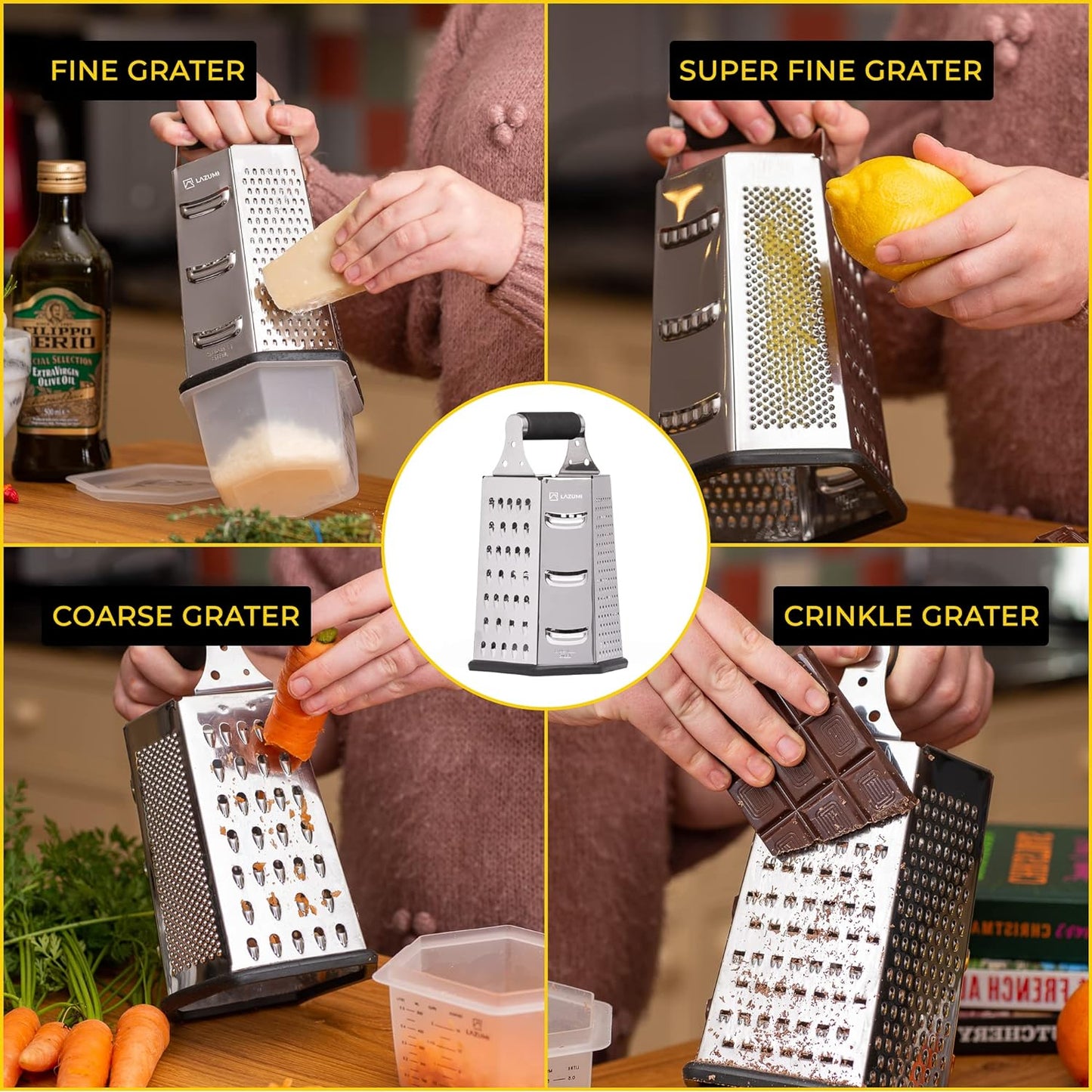 7 In 1 Stainless Steel Cheese Grater with Container Finger Guard. Herb Stripper