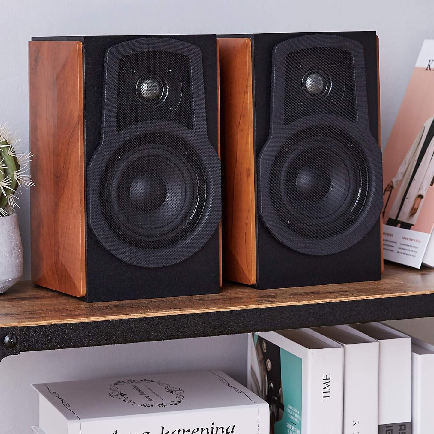 Bookshelf Speakers With Passive Speaker, 50W, 50-20KHz, Set of 2, Wood & Black