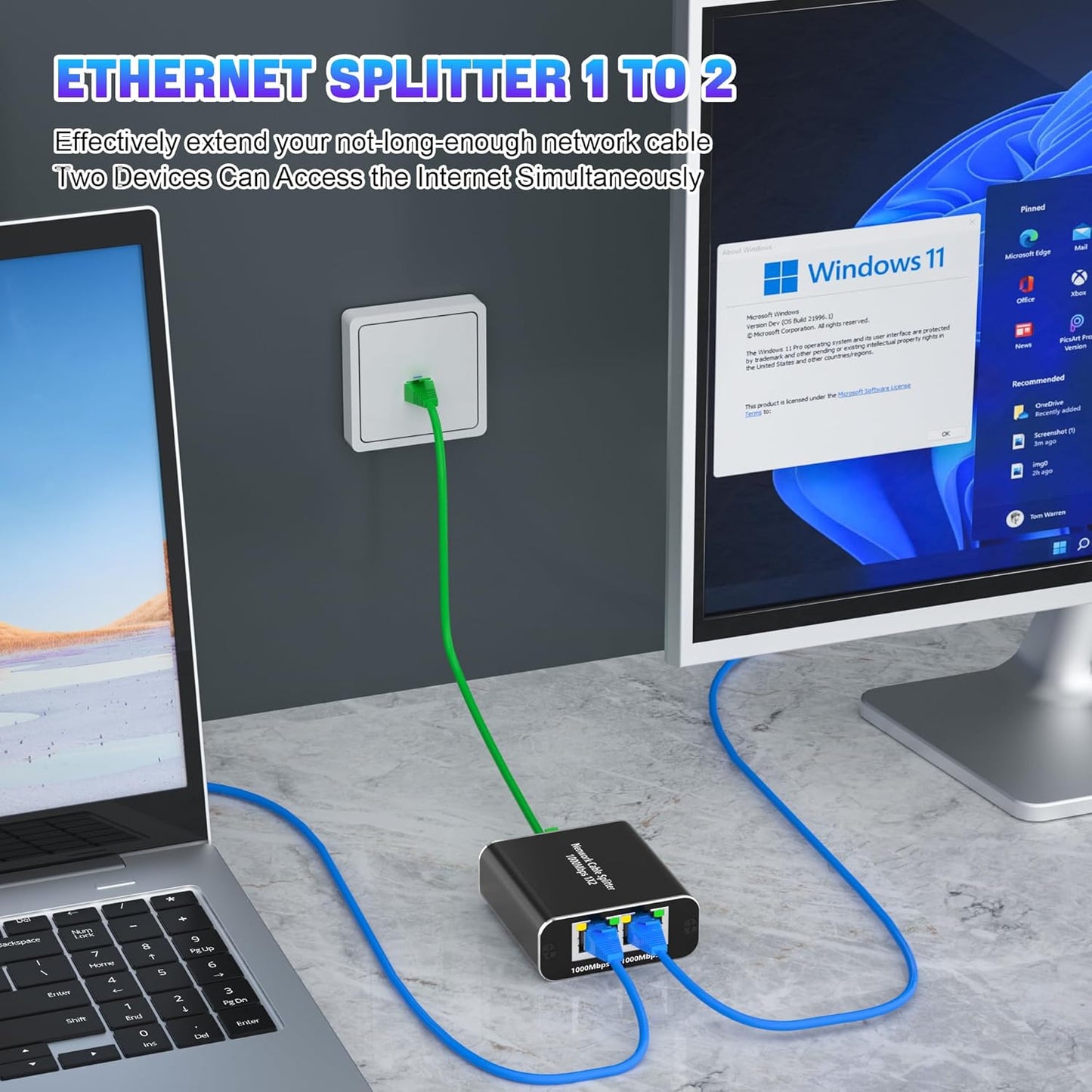 RJ45 Ethernet Splitter 1 to 2 1000Mbps Ethernet Switch Gigabit Lan Extender