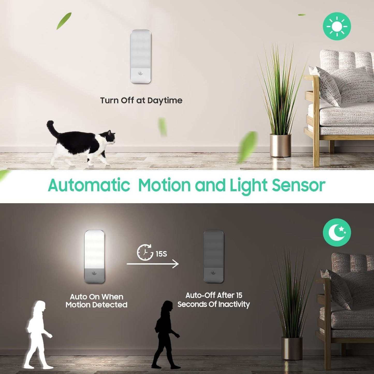 Rechargeable Motion & Light Sensor Night Lights With Magnetic Stick on - 2 Pack - RLO Tech