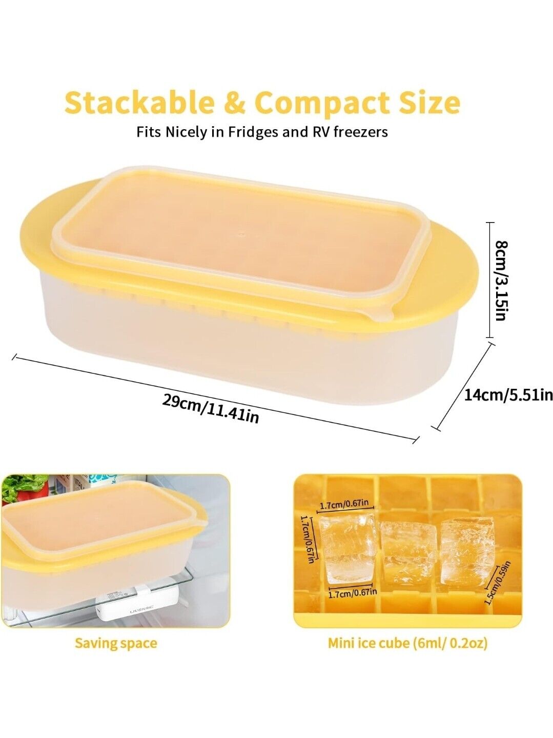 Ice Cube Trays with Lid and Storage Bin Easy Release Makes 66 Cubes - Yellow