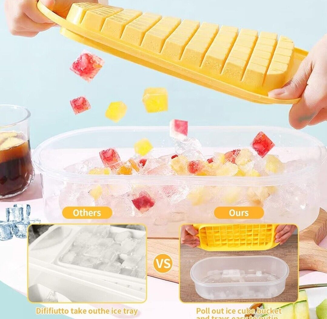 Ice Cube Trays with Lid and Storage Bin Easy Release Makes 66 Cubes - Yellow