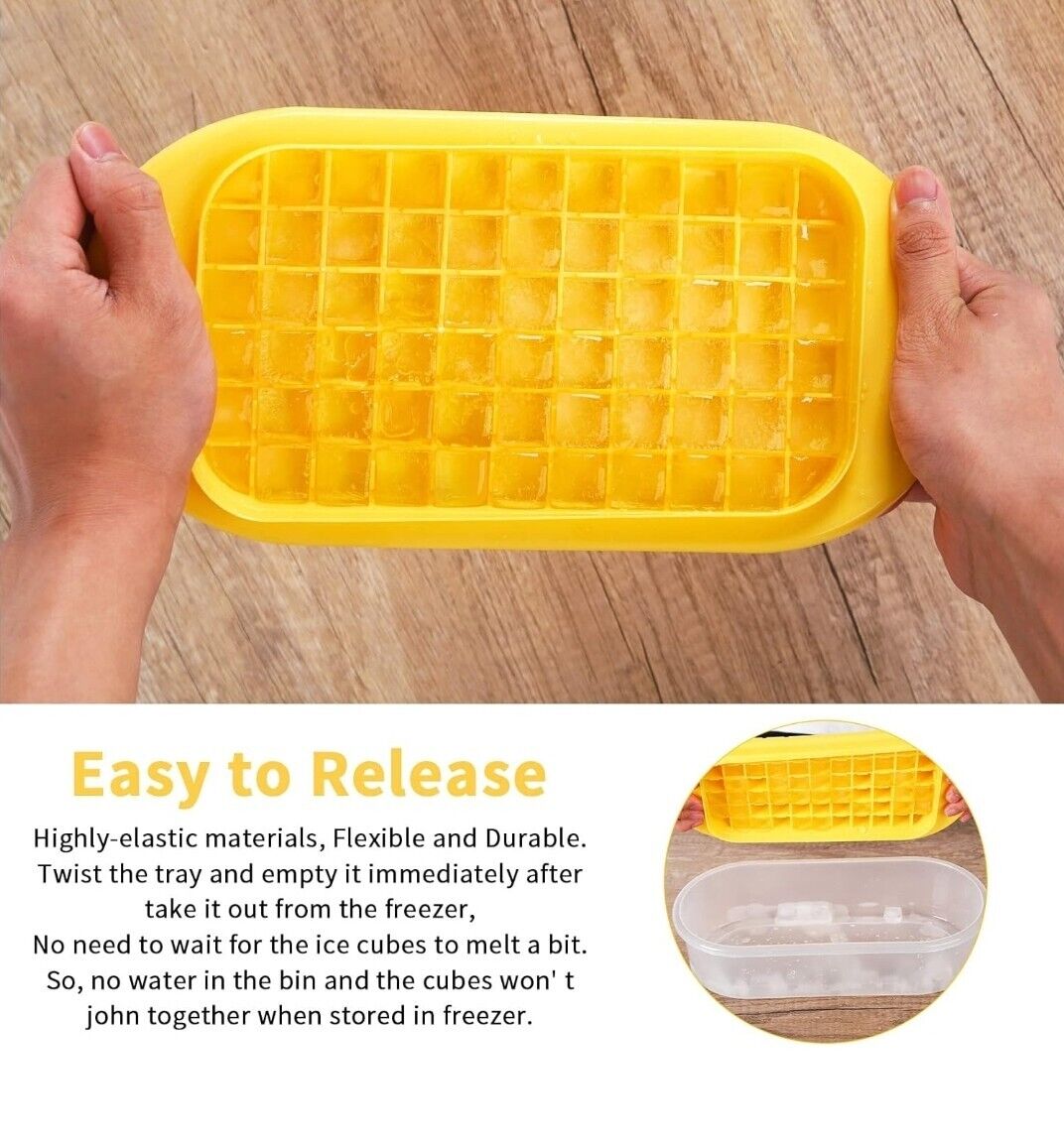 Ice Cube Trays with Lid and Storage Bin Easy Release Makes 66 Cubes - Yellow