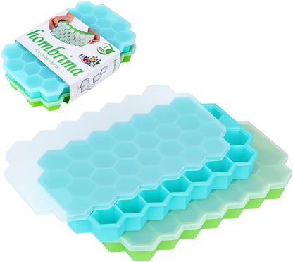 2 Pack Ice Cube Tray Silicone with Lid Honeycomb Shape 37 Cubes Each Tray + Lids - RLO Tech