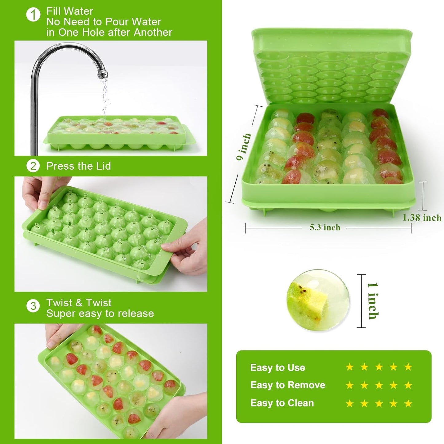 Ice Cube Tray With Lid Makes 33 Ice Balls Dish Washer Safe BPA Free - Green