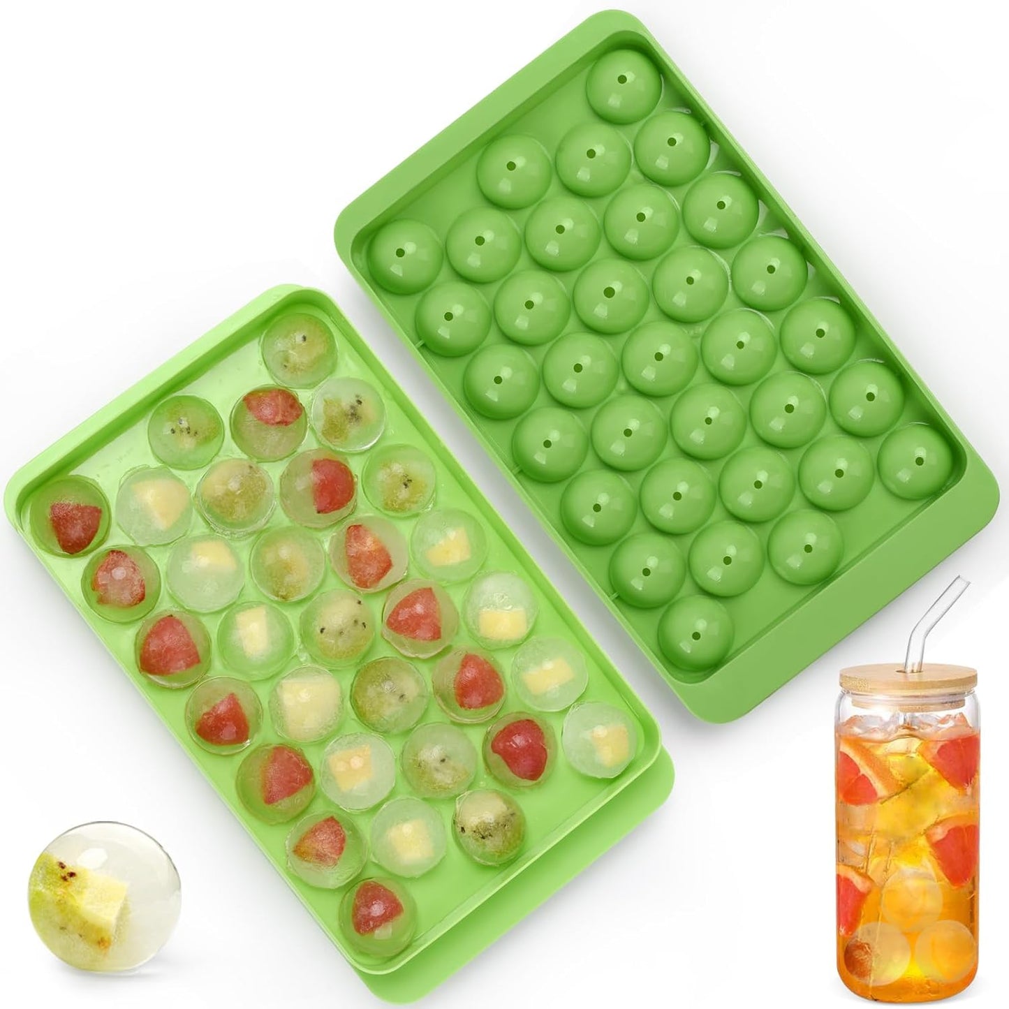 Ice Cube Tray With Lid Makes 33 Ice Balls Dish Washer Safe BPA Free - Green