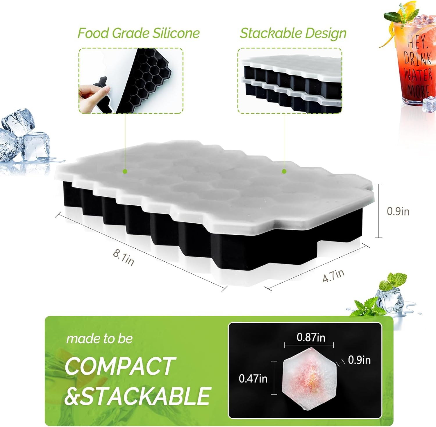 2 Pack Ice Cube Tray Silicone Honeycomb Shape 37 Cubes Each Tray with Lids Black - RLO Tech