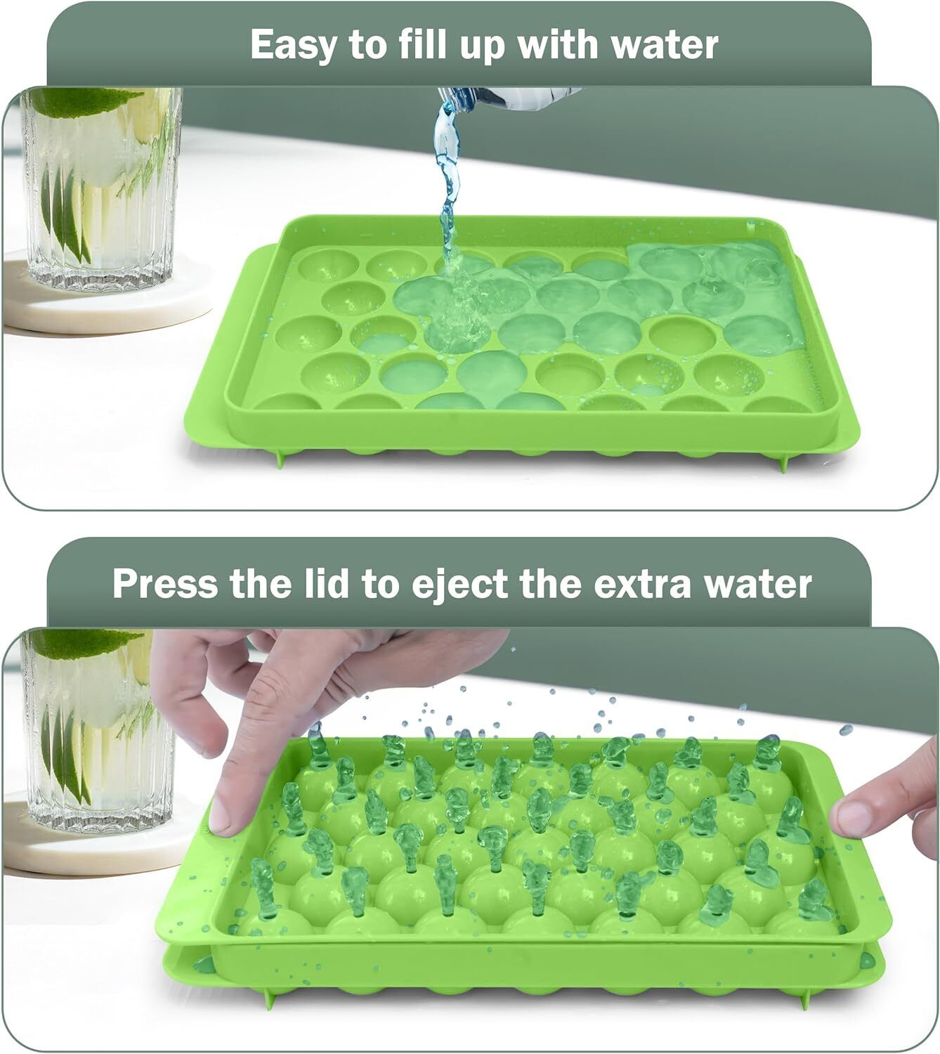 Ice Cube Tray With Lid Makes 33 Ice Balls Dish Washer Safe BPA Free - Green